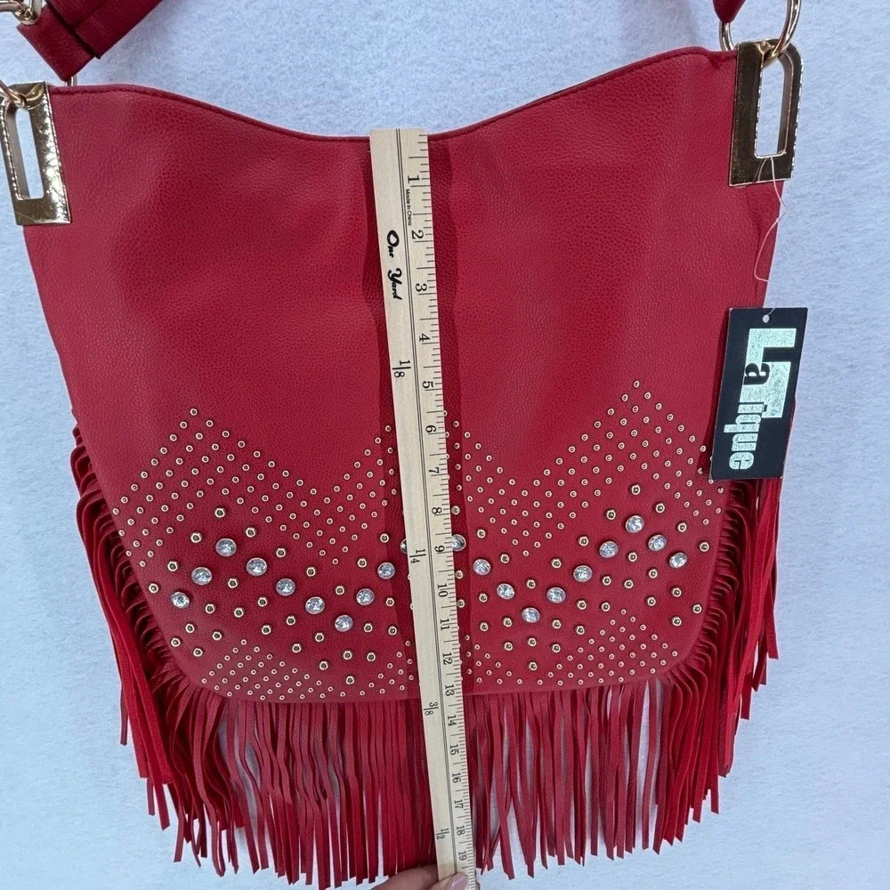 LaTique Red Studded Fringe Hobo Bag Vegan Leather Boho Western Festival Cowgirl